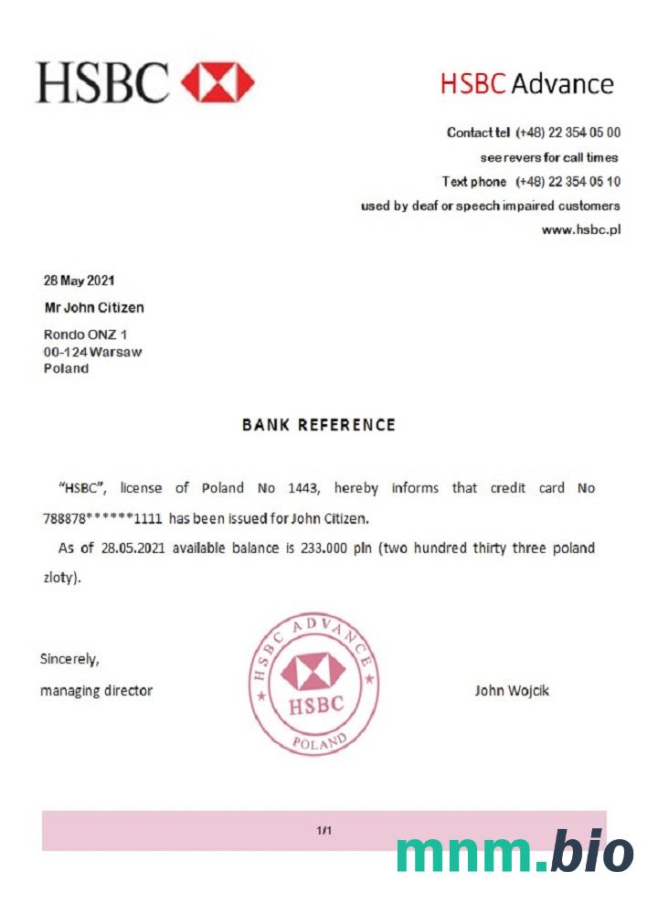 Polska Hsbc Advance reference example w formatach Word i PDF